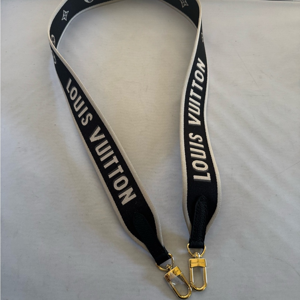 Louis Vuitton Black and Cream Logo Canvas Shoulder Strap with Gold Hardware